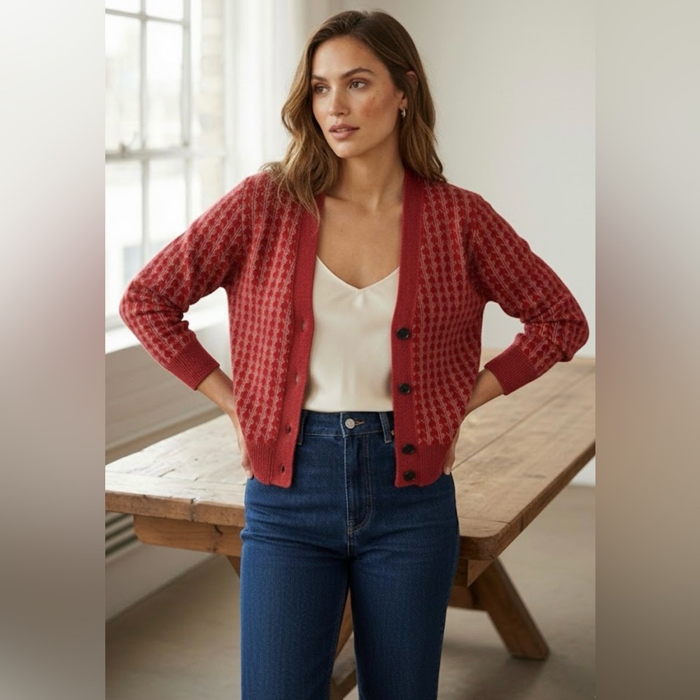 Victoria Beckham‎ Red Jacquard Wool Cardigan